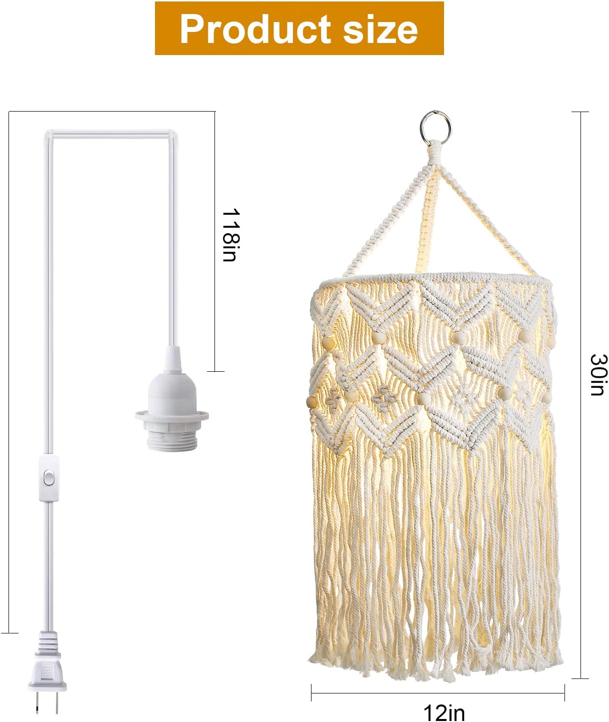 Handmade Macrame Boho Plug-in Pendant Lamp Shade, Hanging Light for Bedroom Living Room (Type 2)