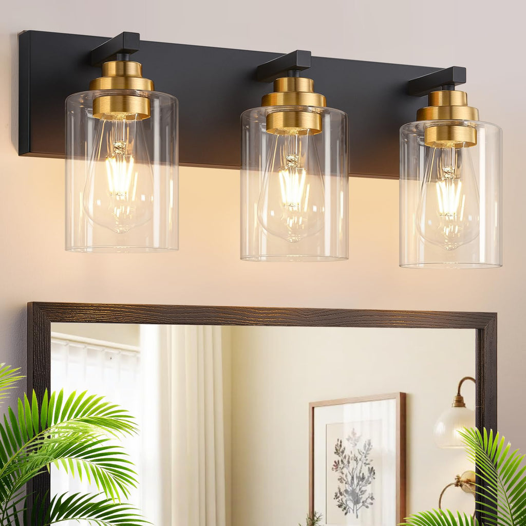 Vanity Lights for Bathroom, 3-Light Black and Gold Bathroom Vanity Light Over Mirror with Milky White Glass Shades, Modern Bathroom Light Fixtures for Living Room Hallway Cabinet (Bulbs Not Included)