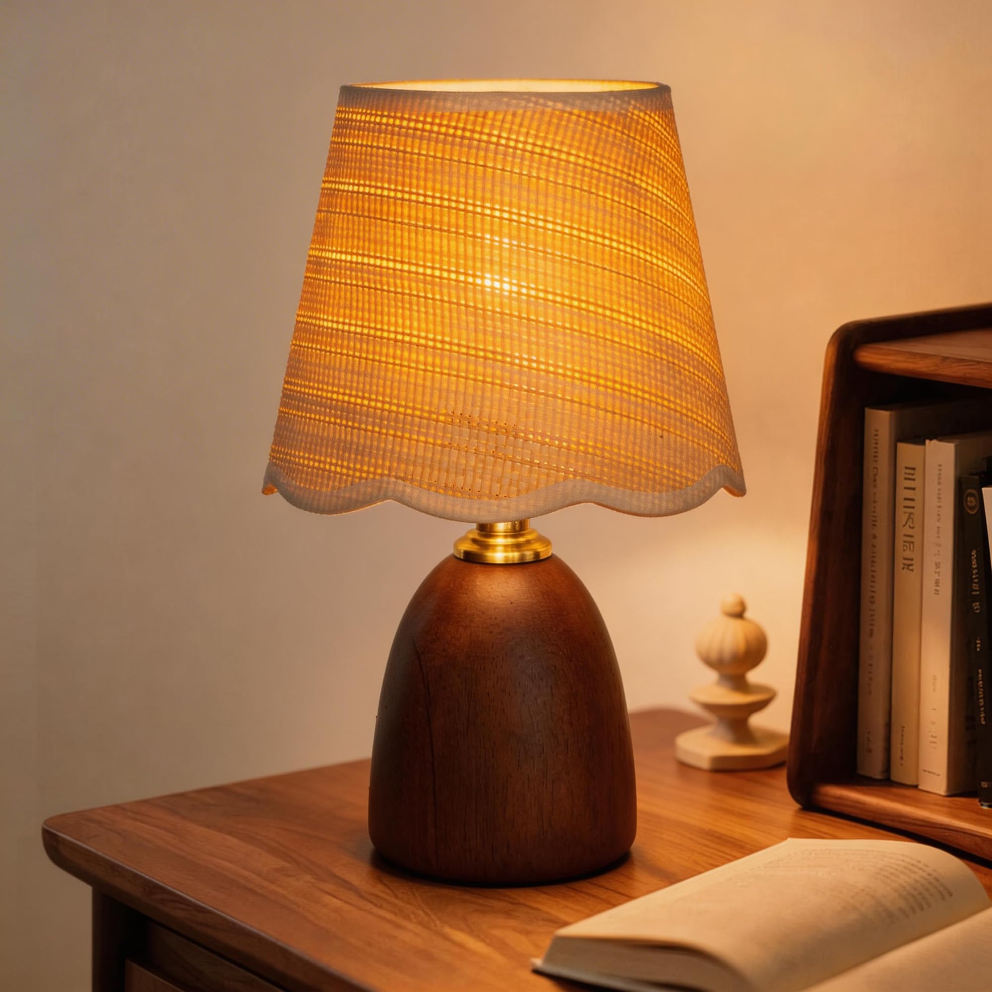 13" Solid Walnut Style Wood Small Table Lamp, Boho Bedside Lamp for Mid-Century Modern Decor, 3-Color Dimmable Woven Shade, Aesthetic Nightstand Light for Living Room, E26 LED Bulb Included