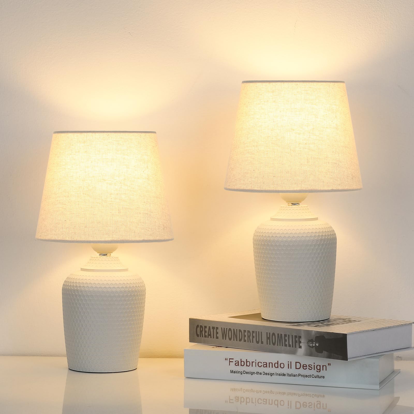 Sucolite Small 11.8" Table Lamps Set of 2, Bedside Nightstand Lamps for Bedroom Kid’s Room, Cute Desk Lamps with Studded Texture Base for Reading Nursery Living Room Office, White