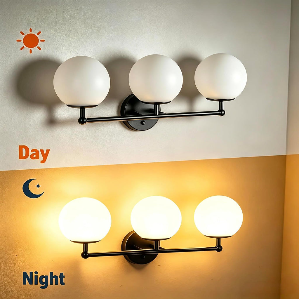 3-Light Black Bathroom Vanity Light with Milky White Glass Globe Shade, Modern Wall Sconce for Mirror Bedroom