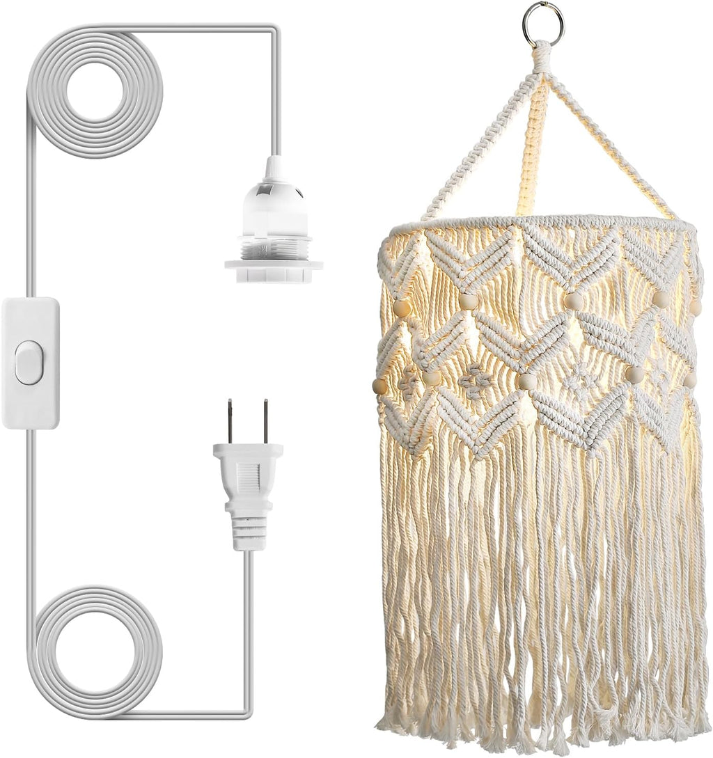 Handmade Macrame Boho Plug-in Pendant Lamp Shade, Hanging Light for Bedroom Living Room (Type 2)