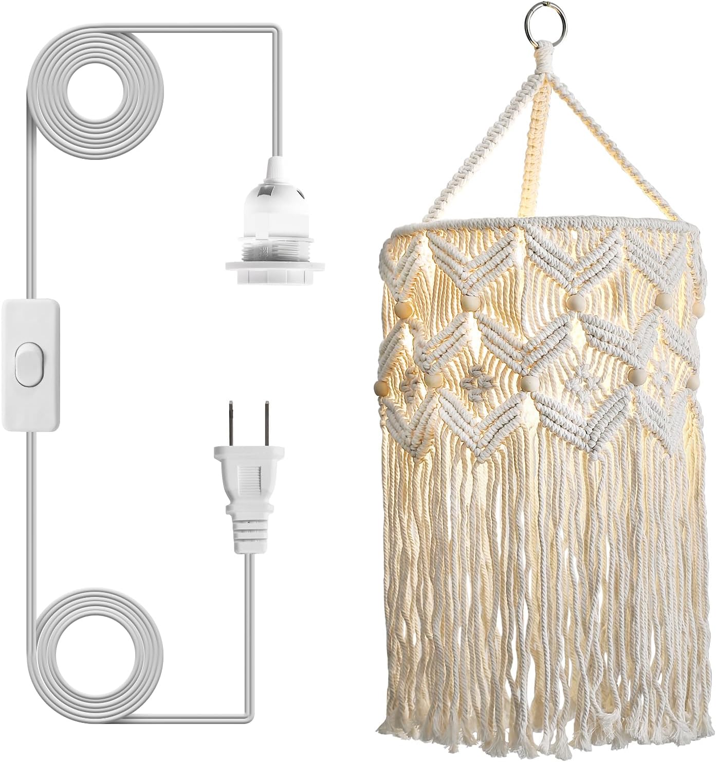 Handmade Macrame Boho Plug-in Pendant Lamp Shade, Hanging Light for Bedroom Living Room (Type 2)