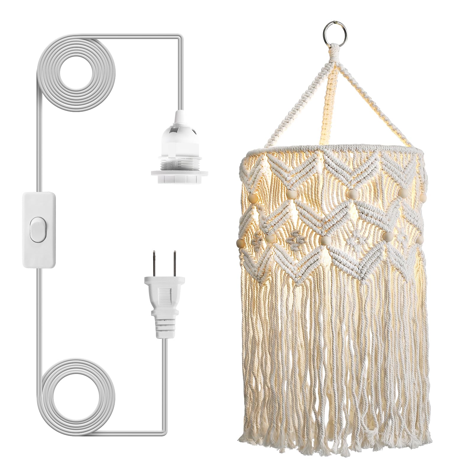 Handmade Macrame Boho Plug-in Pendant Lamp Shade, Hanging Light for Bedroom Living Room (Type 2)