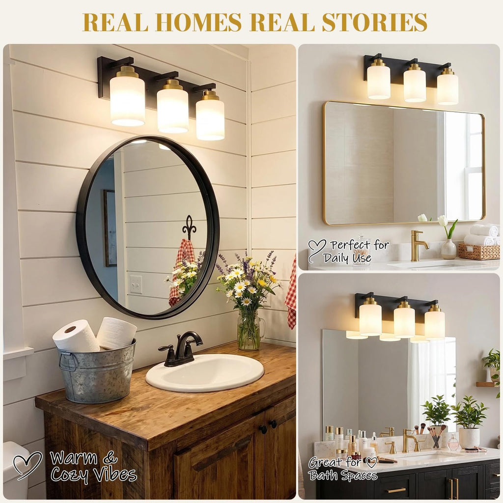 Vanity Lights for Bathroom, 3-Light Black and Gold Bathroom Vanity Light Over Mirror with Milky White Glass Shades, Modern Bathroom Light Fixtures for Living Room Hallway Cabinet (Bulbs Not Included)