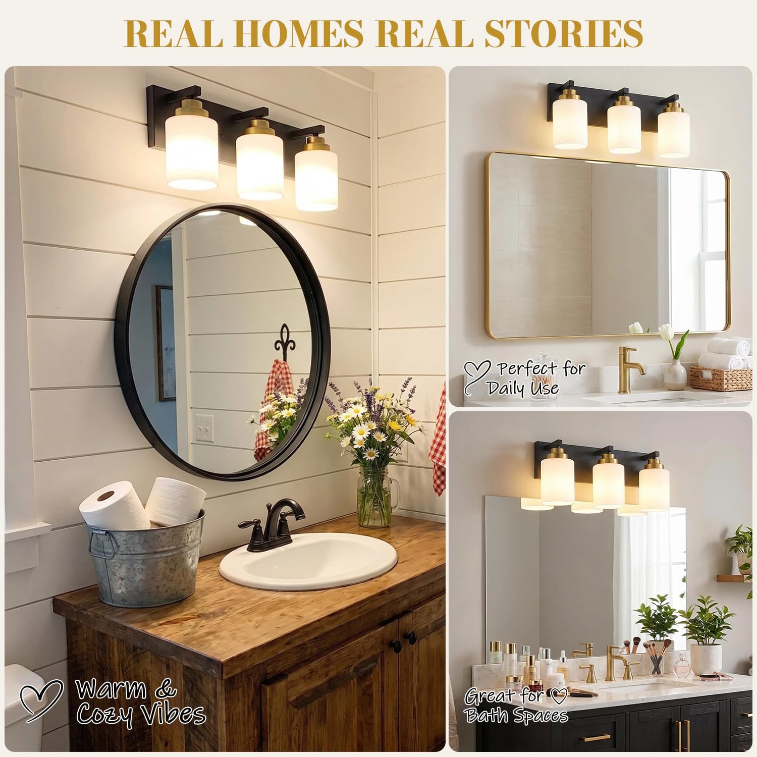 Vanity Lights for Bathroom, 3-Light Black and Gold Bathroom Vanity Light Over Mirror with Milky White Glass Shades, Modern Bathroom Light Fixtures for Living Room Hallway Cabinet (Bulbs Not Included)