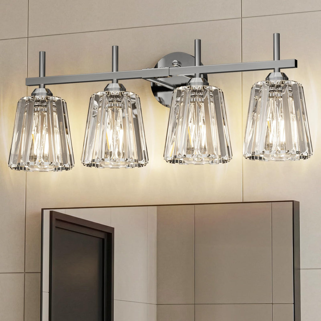 Crystal Bathroom Light Fixtures Over Mirror, Gold 4-Light Bathroom Vanity Lights Over Mirror Modern Wall Lighting Sconces with Ceramic E26 Base (Bulbs Not Include)