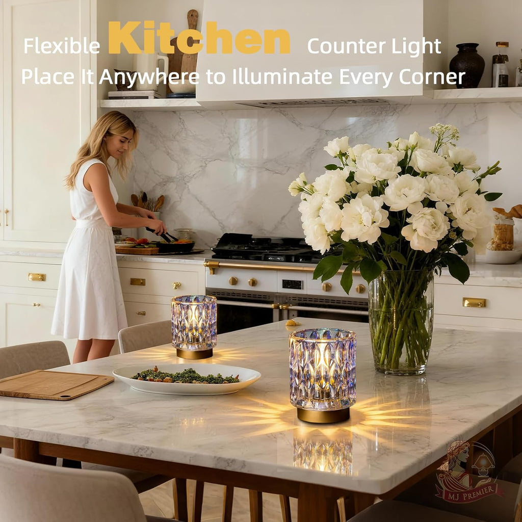 Battery Operated Table Lamps Timer, Mini Crystal Lamp for Area No Plug, Cordless Lamp with LED Bulb for Power Outage, Decorative Lamps for Tabletop/Corner/Entryway/Stairway/Bathroom/Fireplace(2*PEARL)