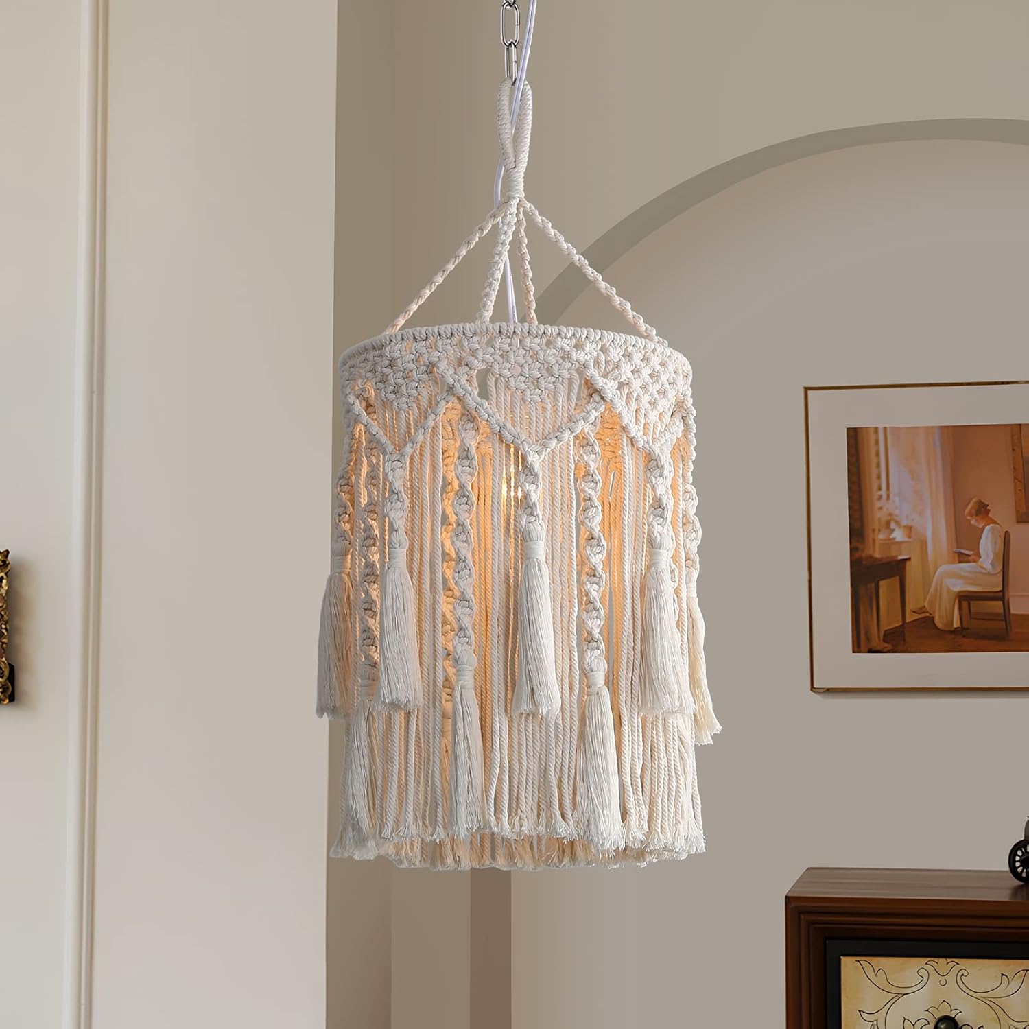 Bioaqua Boho Lamp Shade,Boho Hanging Lamp Handmade Macrame Lamp Shade Plug in Pendant Light,Bohemian Hanging Lights with Plug in Cord Light Fixtures for Boho Bedroom Decor Living Room (type 3)
