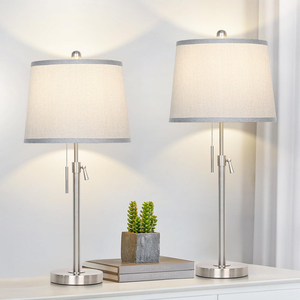 JUNNAI 2 Pack 22"-30" Adjustable Height Table Lamps Set, Modern Gold Table Lamps with White Shade 3 Colour Temperature Pull Chain Tall Lamps for Living Room Bedroom Bedside End Table Nightstand