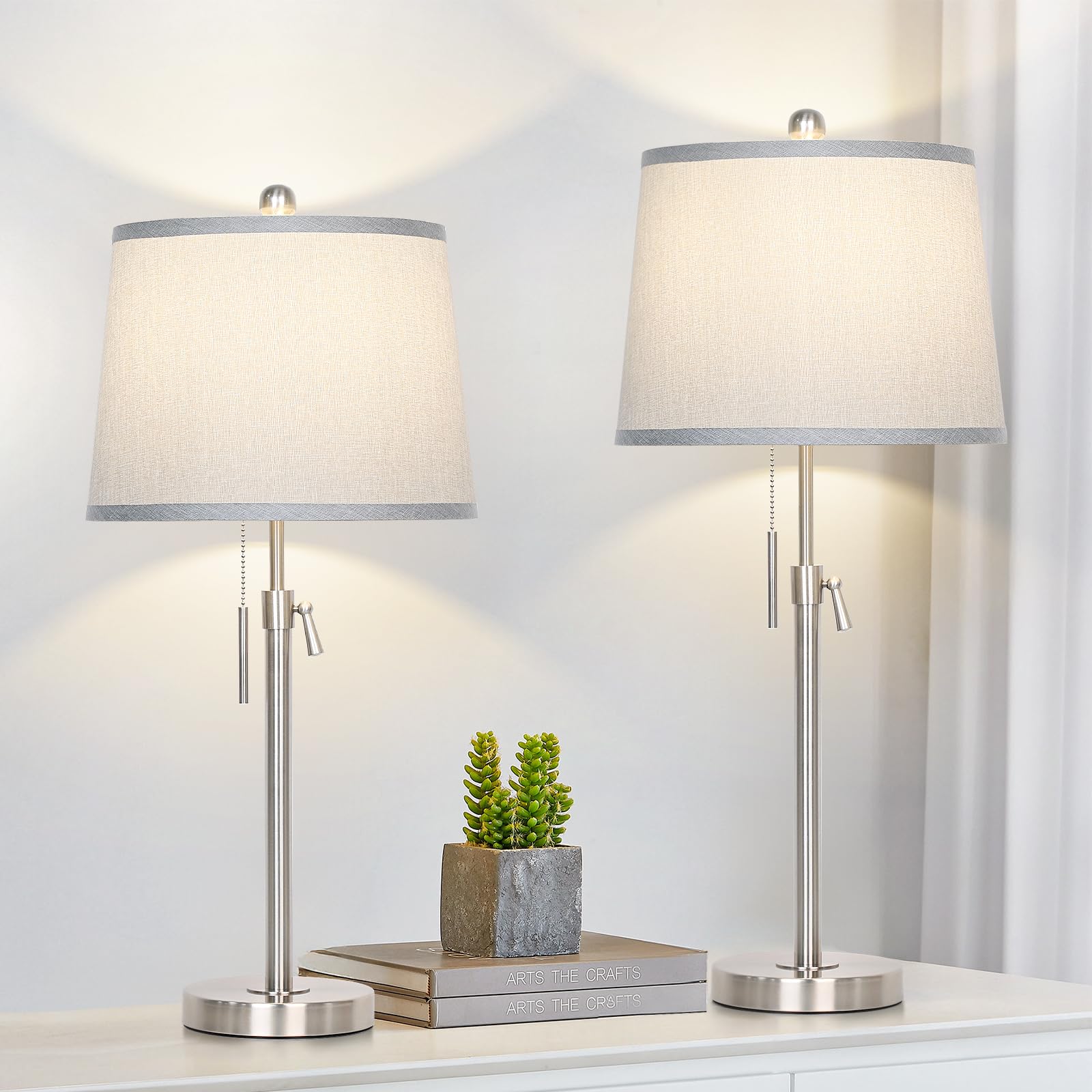 JUNNAI 2 Pack 22"-30" Adjustable Height Table Lamps Set, Modern Gold Table Lamps with White Shade 3 Colour Temperature Pull Chain Tall Lamps for Living Room Bedroom Bedside End Table Nightstand