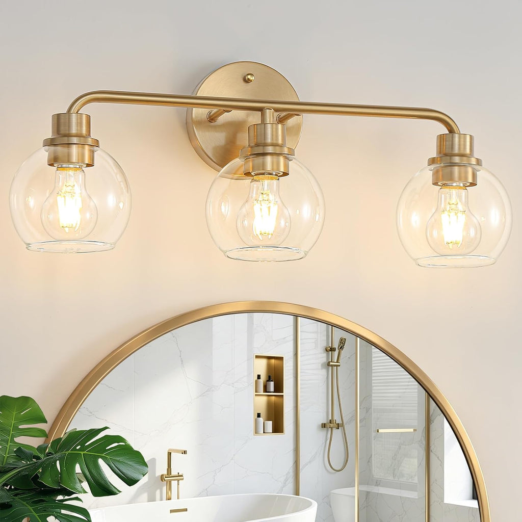 22 Inch Bathroom Light Fixtures Gold Vanity Light 3 Light Wall Sconces Lighting Brushed Brass Lights with Clear Globe Glass Shades Bath Wall Lamp for Mirror Living Room Bedroom Hallway