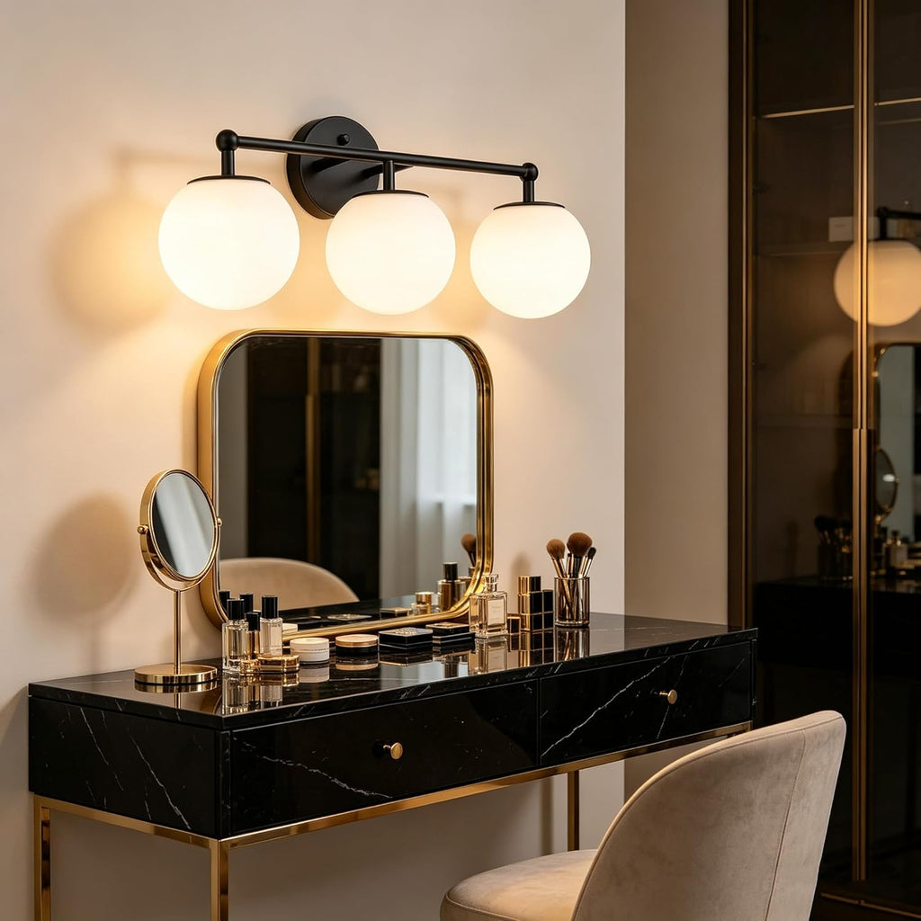3-Light Black Bathroom Vanity Light with Milky White Glass Globe Shade, Modern Wall Sconce for Mirror Bedroom