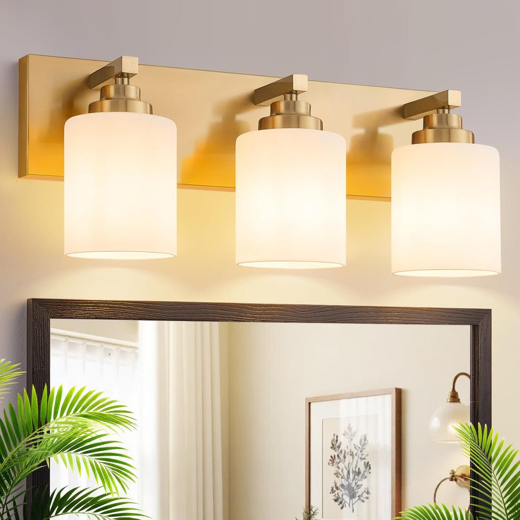 Vanity Lights for Bathroom, 3-Light Black and Gold Bathroom Vanity Light Over Mirror with Milky White Glass Shades, Modern Bathroom Light Fixtures for Living Room Hallway Cabinet (Bulbs Not Included)