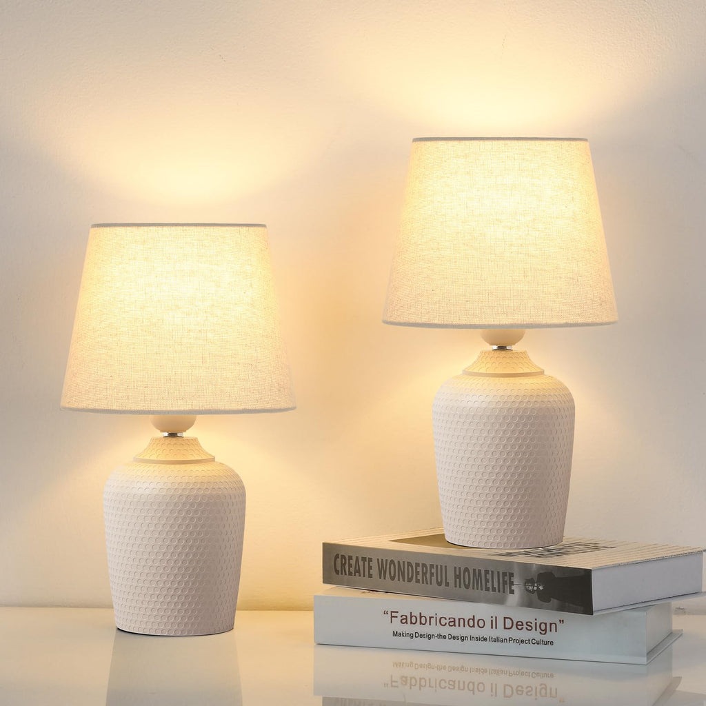 Sucolite Small 11.8" Table Lamps Set of 2, Bedside Nightstand Lamps for Bedroom Kid’s Room, Cute Desk Lamps with Studded Texture Base for Reading Nursery Living Room Office, White