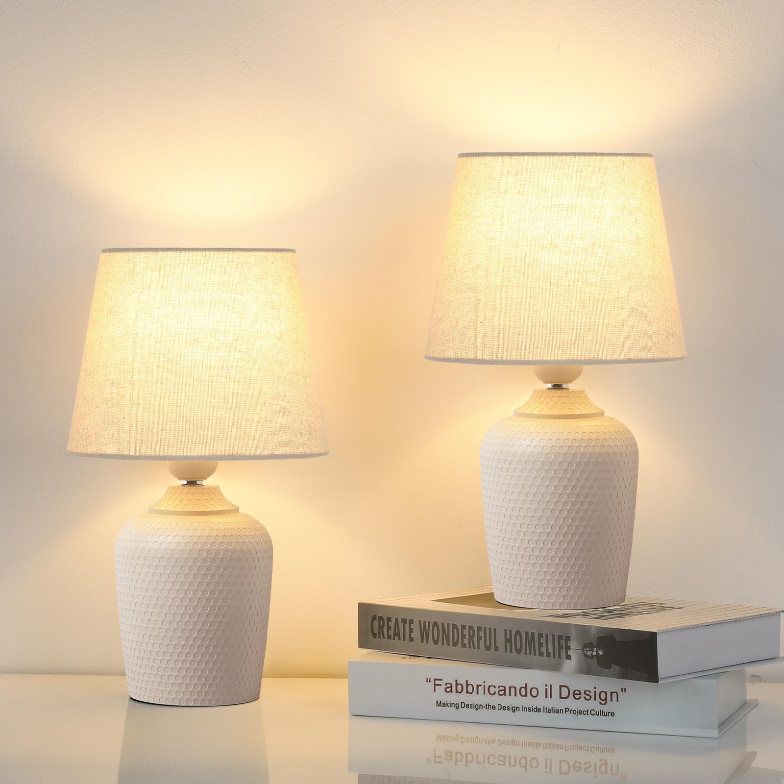 Sucolite Small 11.8" Table Lamps Set of 2, Bedside Nightstand Lamps for Bedroom Kid’s Room, Cute Desk Lamps with Studded Texture Base for Reading Nursery Living Room Office, White