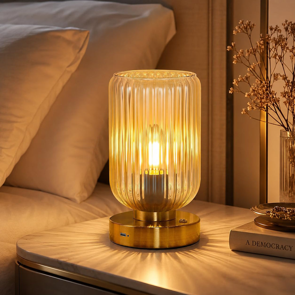 LightRound Cordless Table Lamp for Bedroom, 7500mAh Rechargeable Battery Operated Lamp, Modern Touch Dimmable Wireless Lamp Gold Base Green Glass Shade for Living Room, Desk, Led Bulb Included