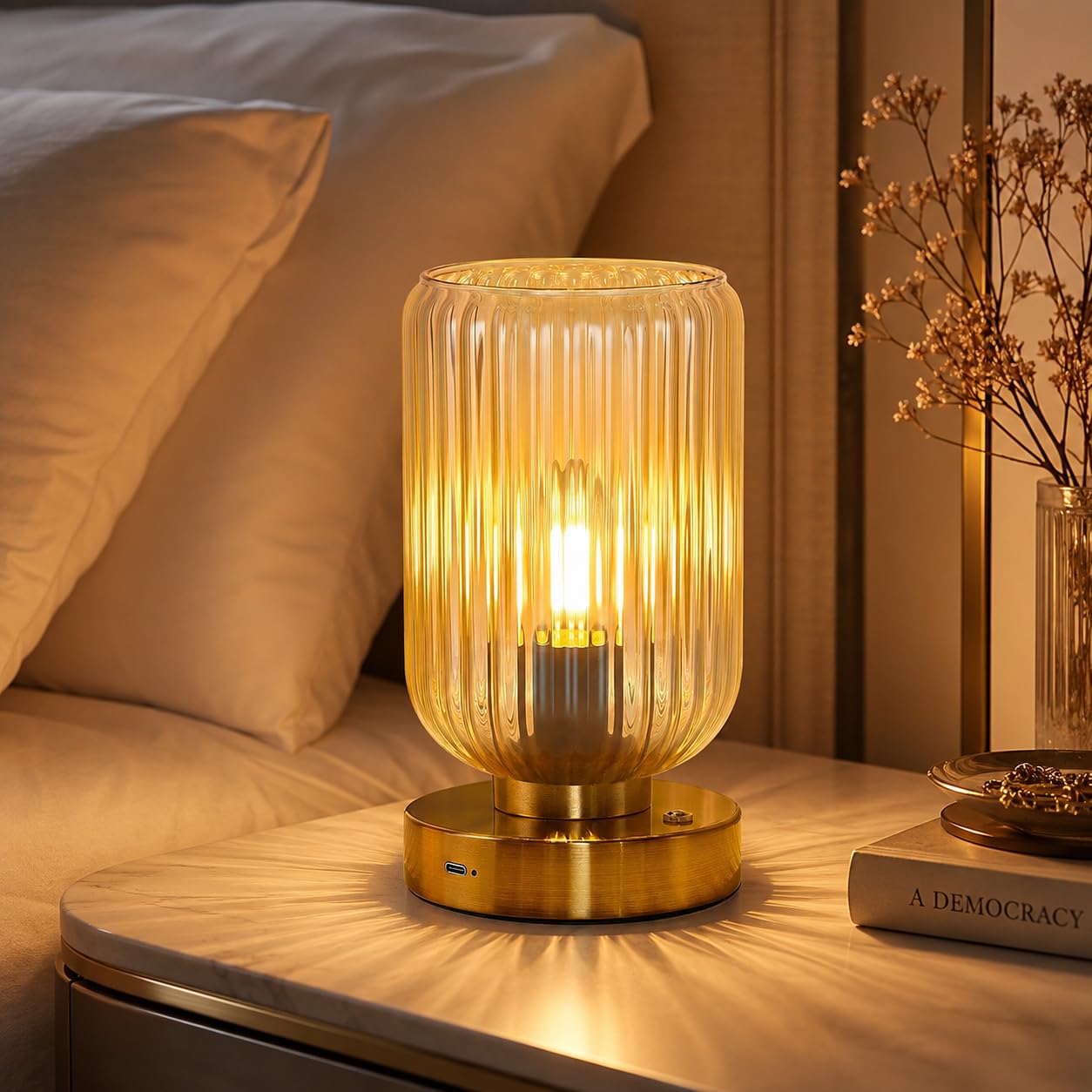 LightRound Cordless Table Lamp for Bedroom, 7500mAh Rechargeable Battery Operated Lamp, Modern Touch Dimmable Wireless Lamp Gold Base Green Glass Shade for Living Room, Desk, Led Bulb Included