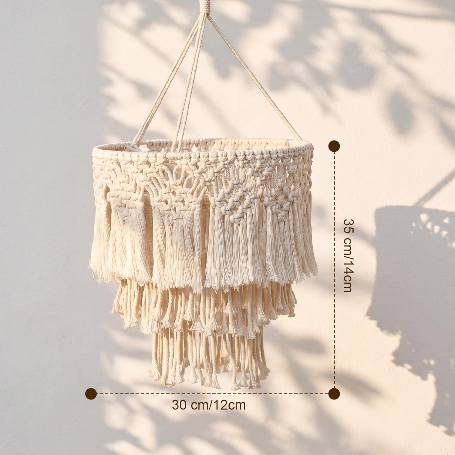 Hahafelt Boho Hanging Lamp Shade Boho Classroom Hanging Decoration Woven Macrame Lamp Shade 14x12 Inch Natural 3 Tier Tassel Pendant Light Cover for Bohemian Back to School Classroom Ceiling Decor