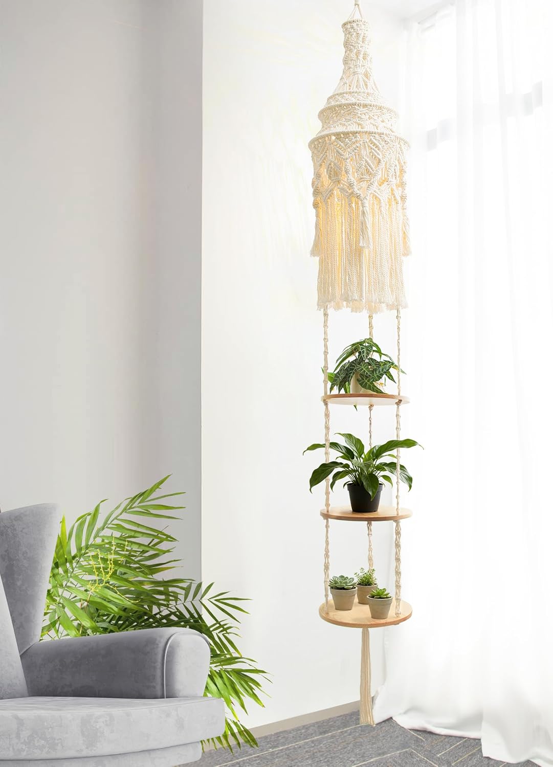 ANROYE 3-Tier Cotton Macrame Hanging Light Fixture Shelf, Boho Corner Pendant Lamp Shade Shelves, Farmhouse Ceiling Plant Hanger Indoor Decor for Women Bedroom Christmas Gift