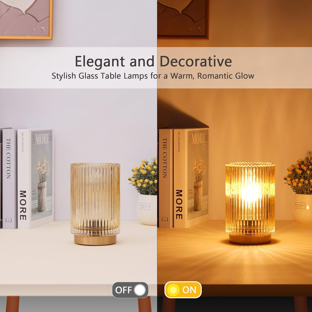 Amber Glass Battery Operated Cordless Table Lamp with Timer, Warm LED Bedside Lamp for Bedroom Bathroom