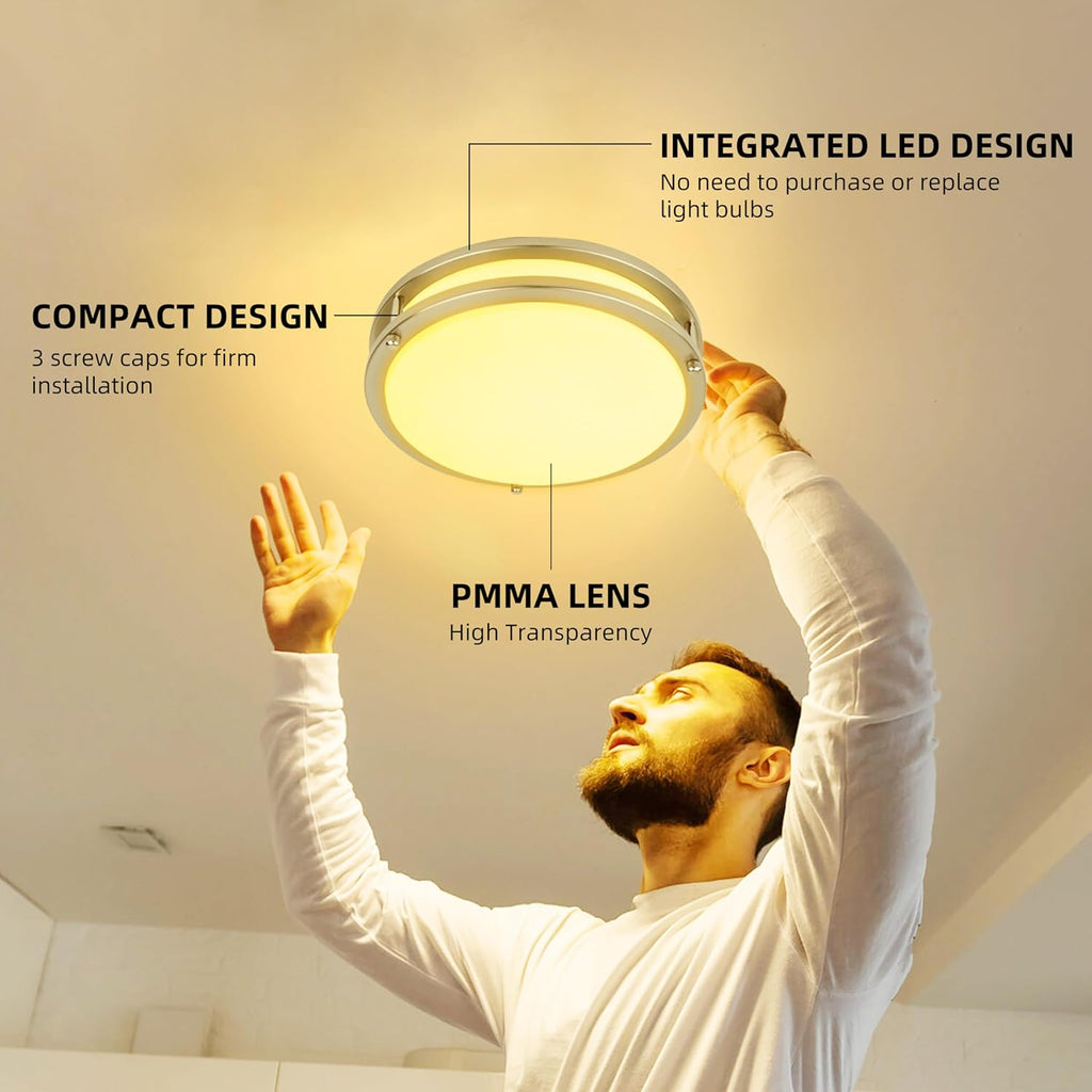 13 inch Flush Mount LED Ceiling Light Fixture, 2700K/3000K/3500K/4000K/5000K Adjustable Ceiling Lights, Brushed Nickel Saturn Dimmable Lighting for Hallway Bathroom Kitchen or Stairwell, ETL Listed