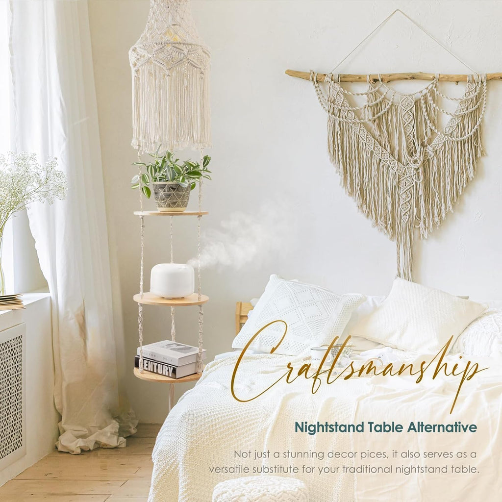 ANROYE 3-Tier Macrame Hanging Lamp Shelf, Boho Woven Corner Pendant Light Shade Plant Shelves with Plug Cord, Bohemian Hanging Bedside Ceiling Light Fixture, Farmhouse Decor for Bedroom Women Gift