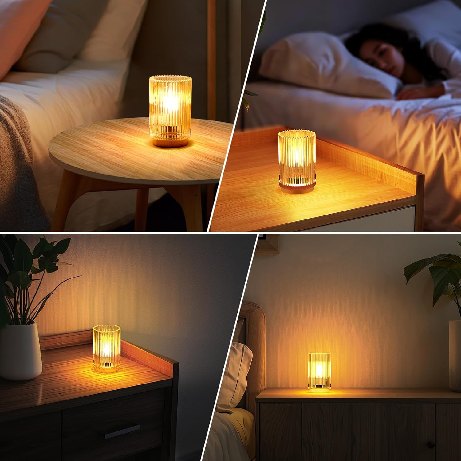 Amber Glass Battery Operated Cordless Table Lamp with Timer, Warm LED Bedside Lamp for Bedroom Bathroom