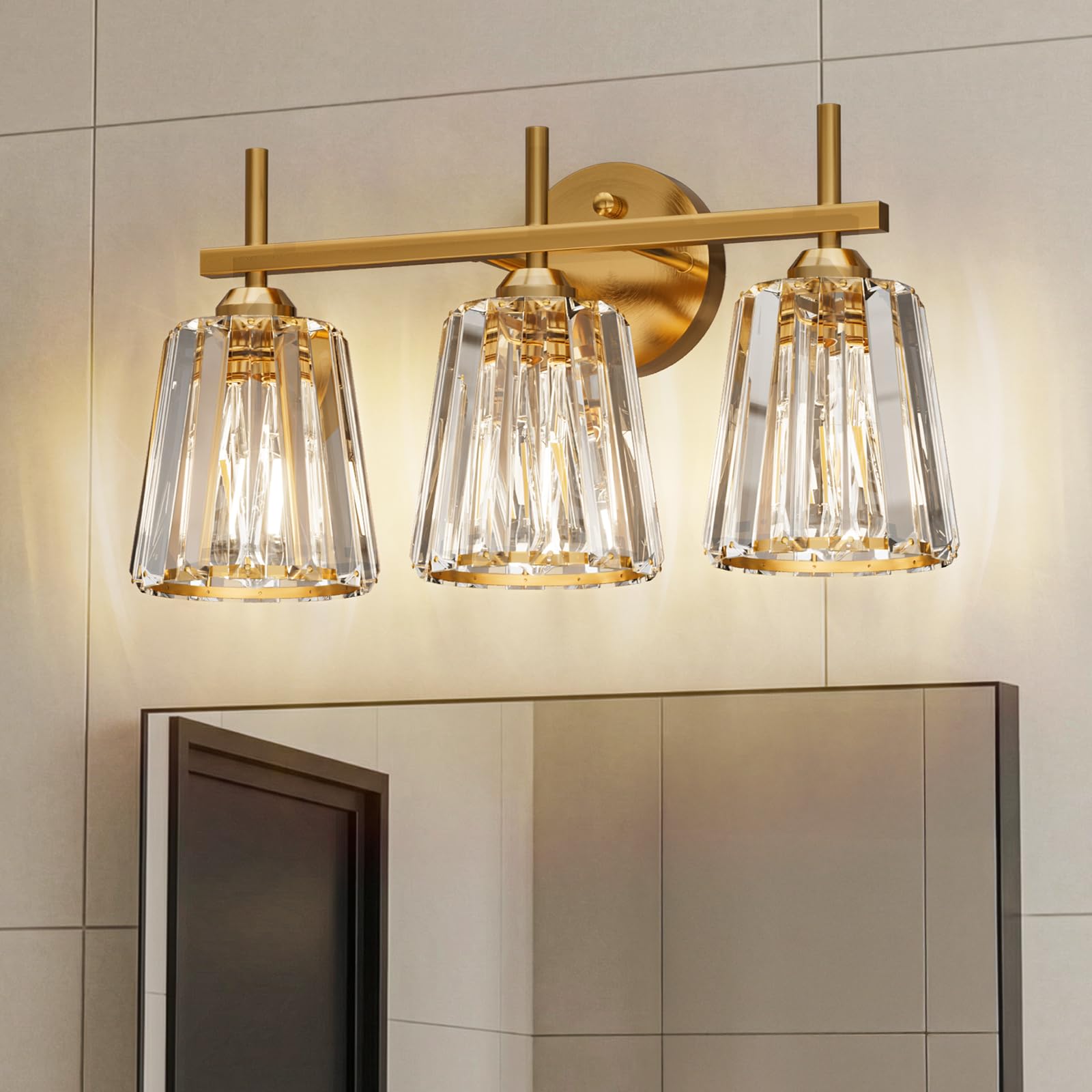 Crystal Bathroom Light Fixtures Over Mirror, Gold 4-Light Bathroom Vanity Lights Over Mirror Modern Wall Lighting Sconces with Ceramic E26 Base (Bulbs Not Include)
