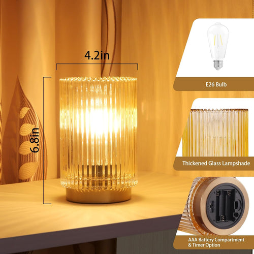 Amber Glass Battery Operated Cordless Table Lamp with Timer, Warm LED Bedside Lamp for Bedroom Bathroom