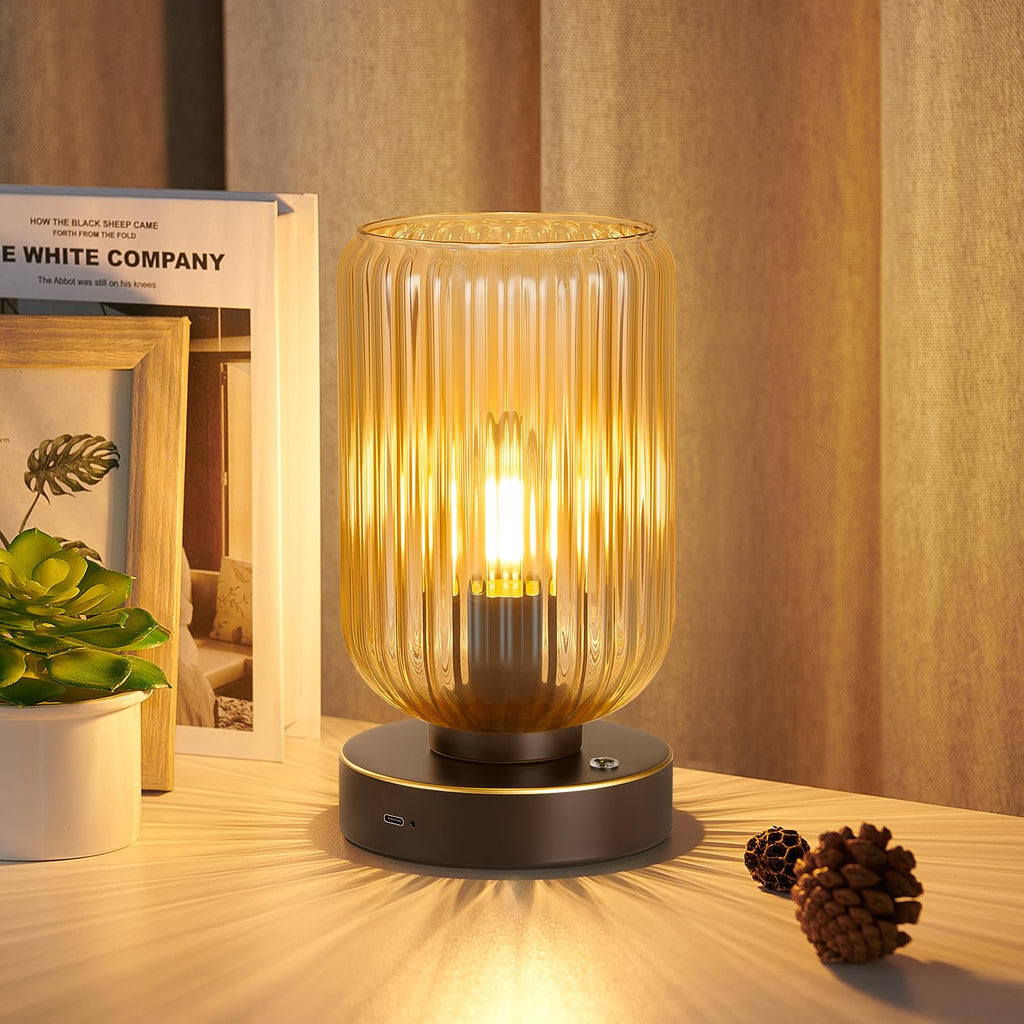 LightRound Cordless Table Lamp for Bedroom, 7500mAh Rechargeable Battery Operated Lamp, Modern Touch Dimmable Wireless Lamp Gold Base Green Glass Shade for Living Room, Desk, Led Bulb Included