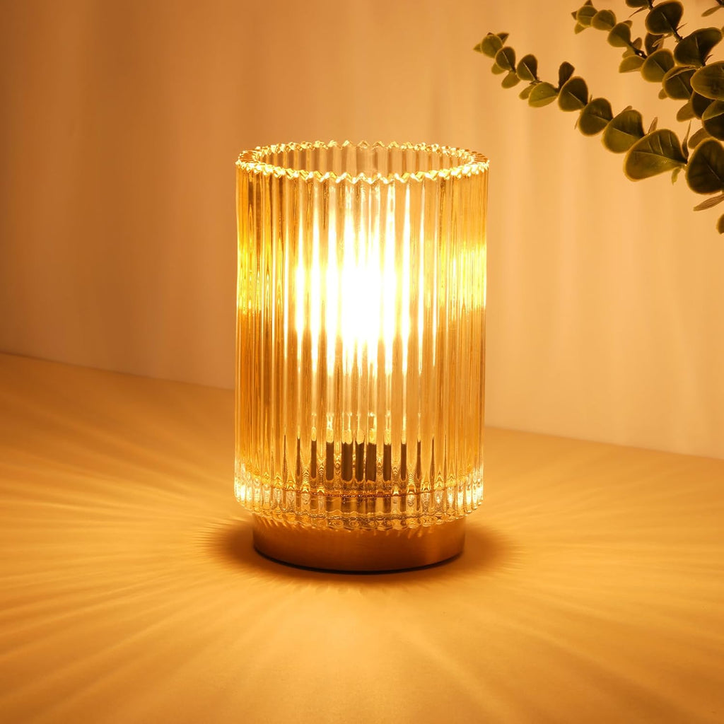 Amber Glass Battery Operated Cordless Table Lamp with Timer, Warm LED Bedside Lamp for Bedroom Bathroom