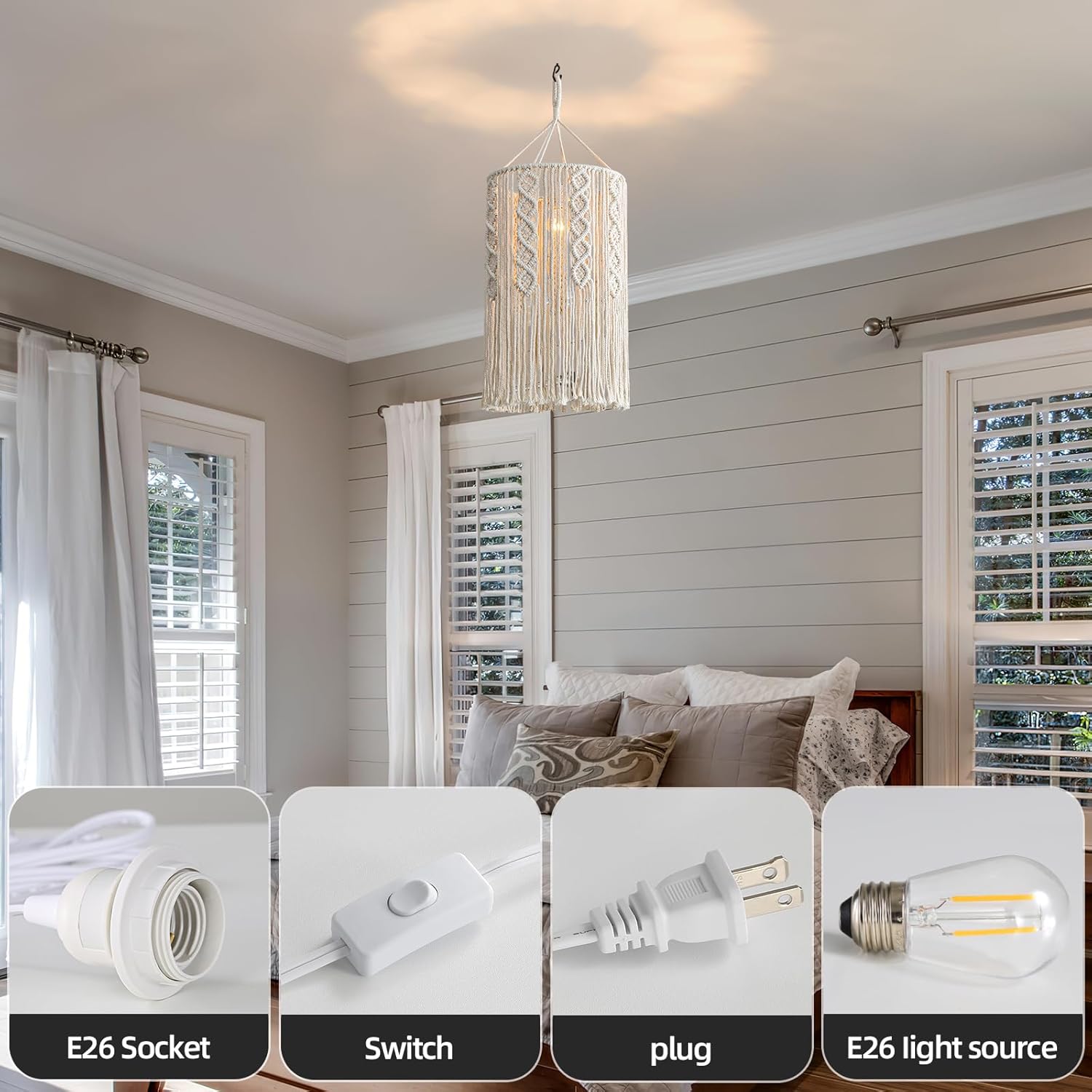 Bioaqua Boho Lamp Shade,Boho Hanging Lamp Handmade Macrame Lamp Shade Plug in Pendant Light,Bohemian Hanging Lights with Plug in Cord Light Fixtures for Boho Bedroom Decor Living Room (Type5)
