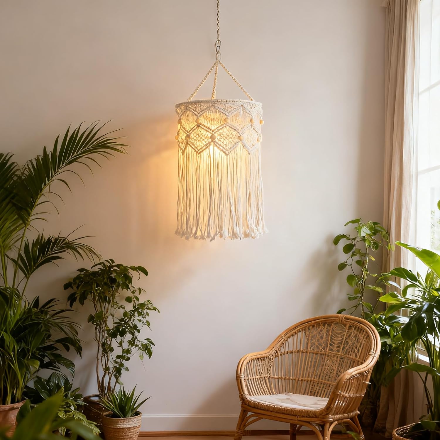 YYHTYZ Lamp Shade Bohemian Hanging Lamp Handcrafted Cotton Thread Light Cover for Bedroom Living Room not Include Bulb (cylinder)