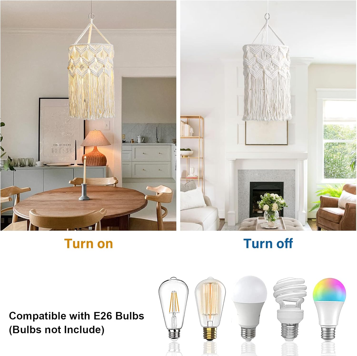 Handmade Macrame Boho Plug-in Pendant Lamp Shade, Hanging Light for Bedroom Living Room (Type 2)
