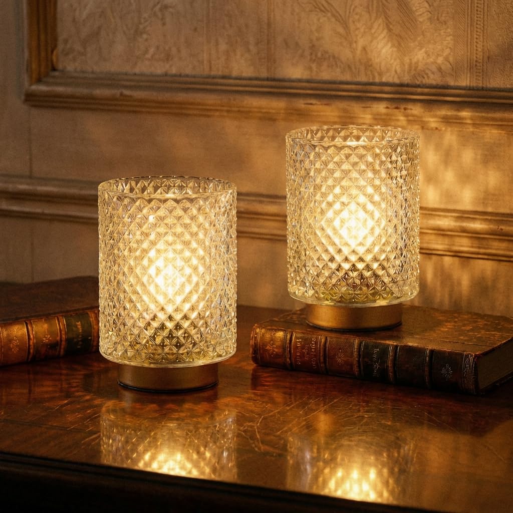 Battery Operated Lamp,Cordless Glass Accent Table Lamp with Timer for Bedside,Small Decorative Lamp with Warm White LED Bulb for Nightstand/Bookshelf/Entryway/Tabletop/Counter Decor(Iridescent Clear)