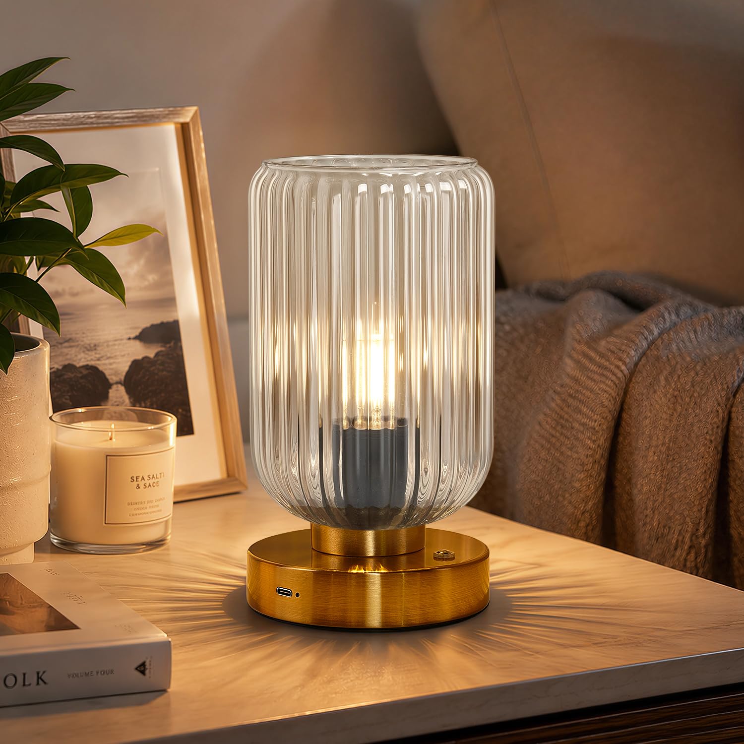 LightRound Cordless Table Lamp for Bedroom, 7500mAh Rechargeable Battery Operated Lamp, Modern Touch Dimmable Wireless Lamp Gold Base Green Glass Shade for Living Room, Desk, Led Bulb Included