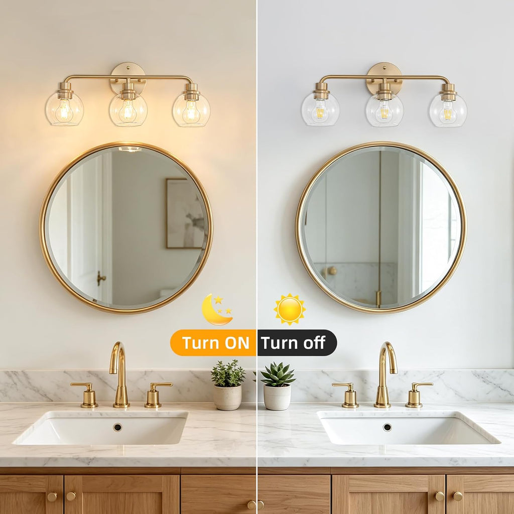 22 Inch Bathroom Light Fixtures Gold Vanity Light 3 Light Wall Sconces Lighting Brushed Brass Lights with Clear Globe Glass Shades Bath Wall Lamp for Mirror Living Room Bedroom Hallway