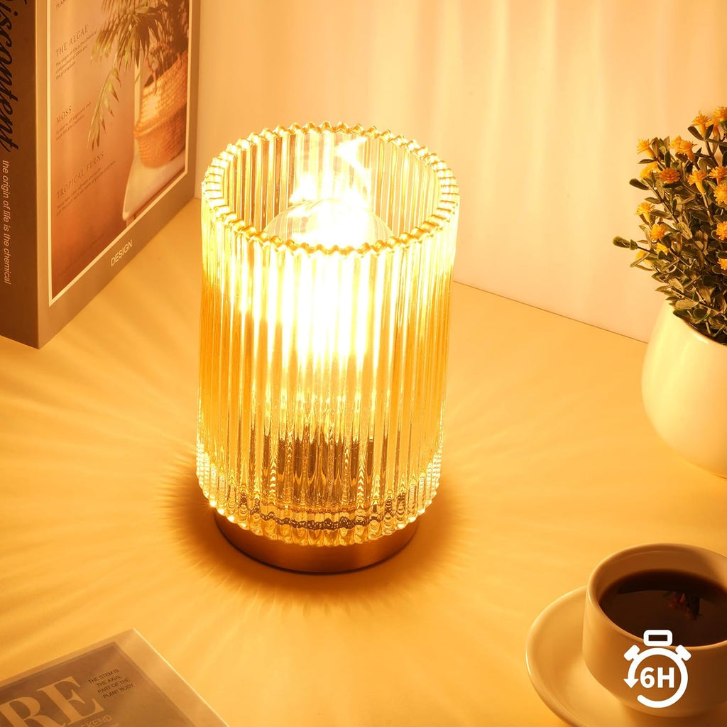 Amber Glass Battery Operated Cordless Table Lamp with Timer, Warm LED Bedside Lamp for Bedroom Bathroom