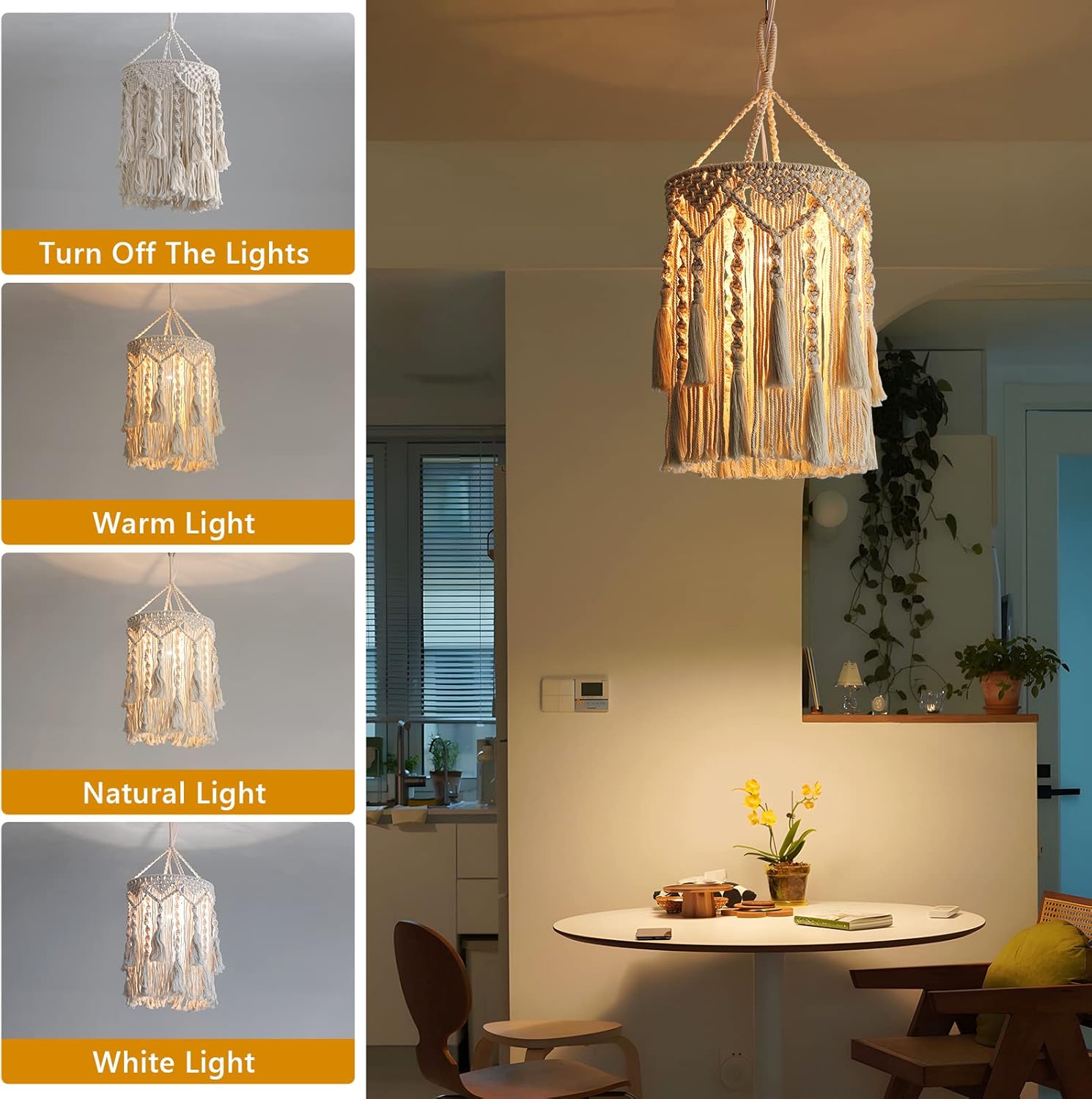 Bioaqua Boho Lamp Shade,Boho Hanging Lamp Handmade Macrame Lamp Shade Plug in Pendant Light,Bohemian Hanging Lights with Plug in Cord Light Fixtures for Boho Bedroom Decor Living Room (type 3)