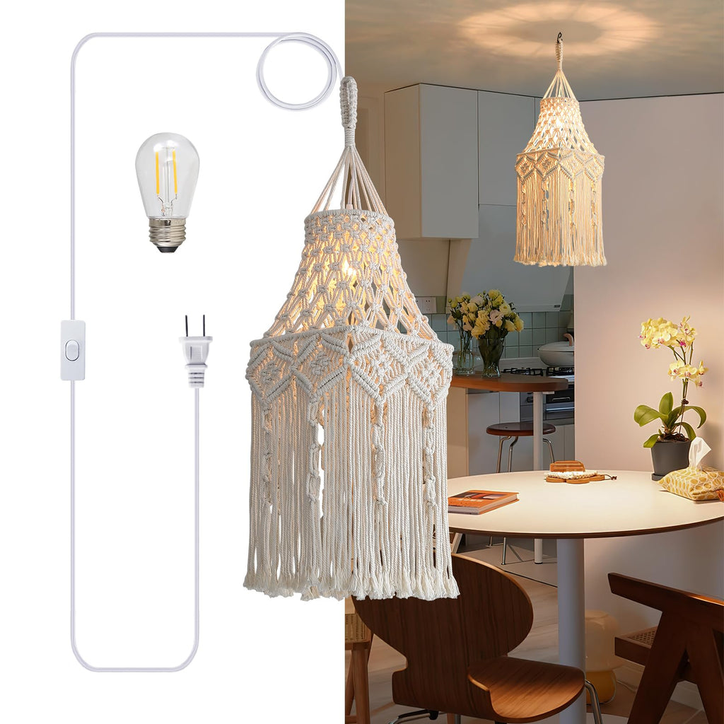 Bioaqua Boho Lamp Shade,Boho Hanging Lamp Handmade Macrame Lamp Shade Plug in Pendant Light,Bohemian Hanging Lights with Plug in Cord Light Fixtures for Boho Bedroom Decor Living Room (Type5)