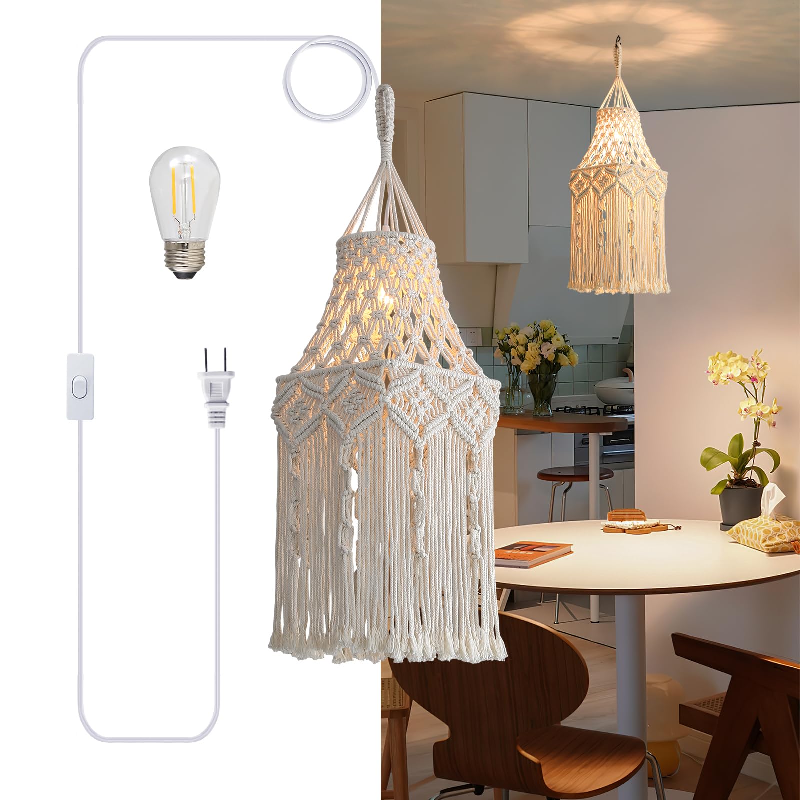 Bioaqua Boho Lamp Shade,Boho Hanging Lamp Handmade Macrame Lamp Shade Plug in Pendant Light,Bohemian Hanging Lights with Plug in Cord Light Fixtures for Boho Bedroom Decor Living Room (type 3)