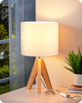 EDISHINE Tripod Table Lamp, Small Cute Bedside Lamp with Linen Beige Lampshade, Nightstand Lamp for Nursery, Bedroom, Kid Room, Living Room, Light Brown Wooden Base, E26 Socket, 14.2 Inch