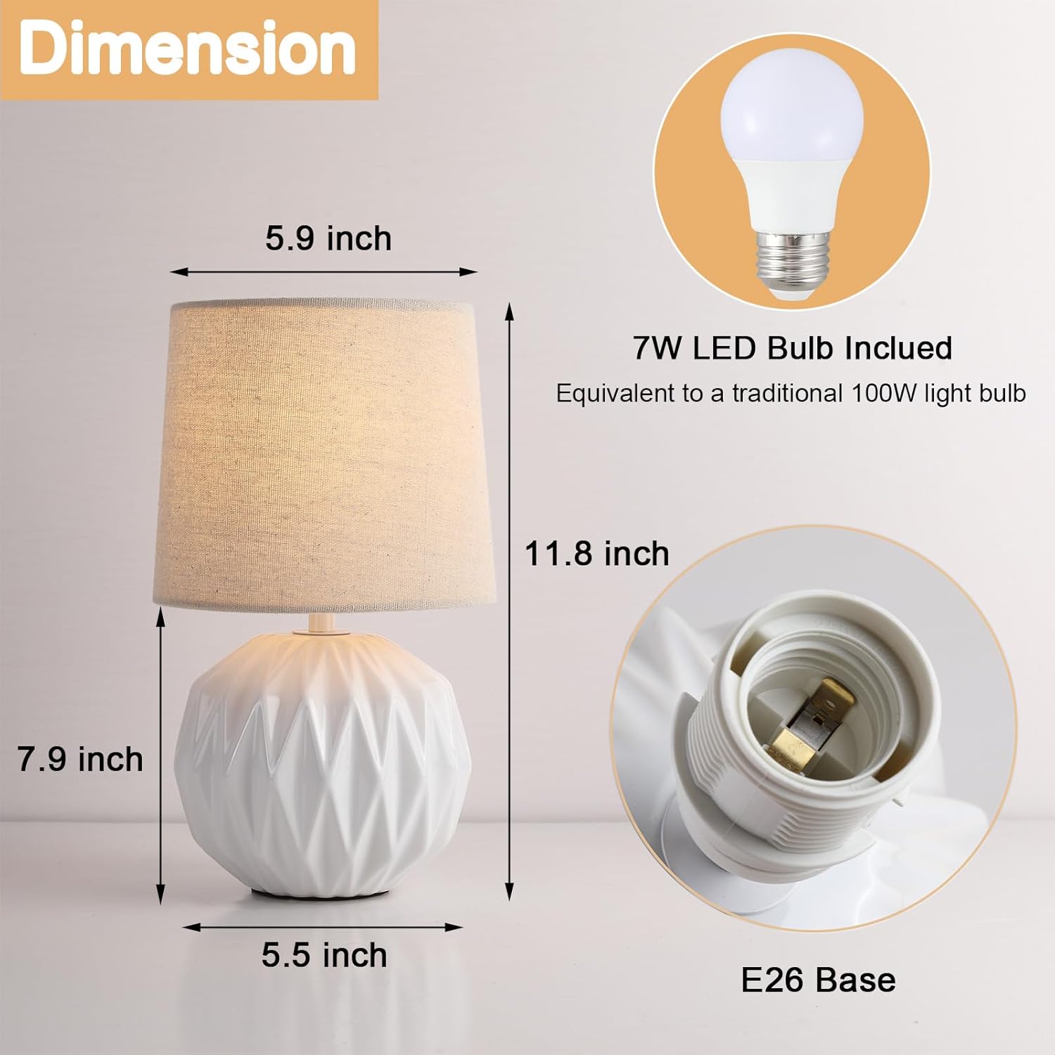 White Ceramic Table Lamp, Geometric Textured Small Bedside Lamp with Linen Shade, Mid Century Modern Nightstand Lamp for Bedroom Living Room Reading Room, H 12" x W 6.7", 7W LED Bulb Included
