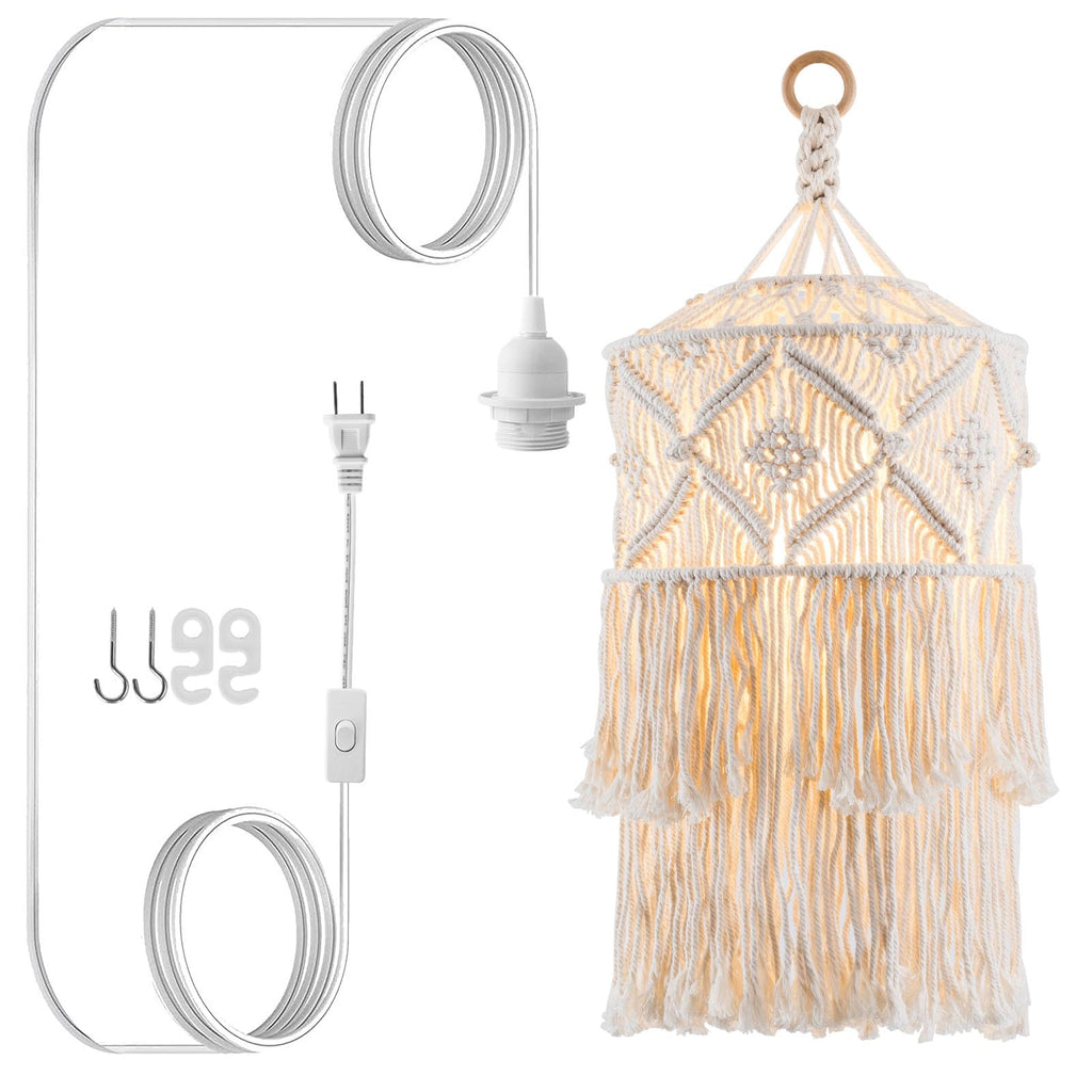 Boho Plug in Pendant Light Macrame Lamp Shade, Hanging Lamp with Plug in Cord,On/Off Switch,Bohemian Hanging Light Fixtures That Plug Into Wall Outlet for Bedroom Decor Living Room