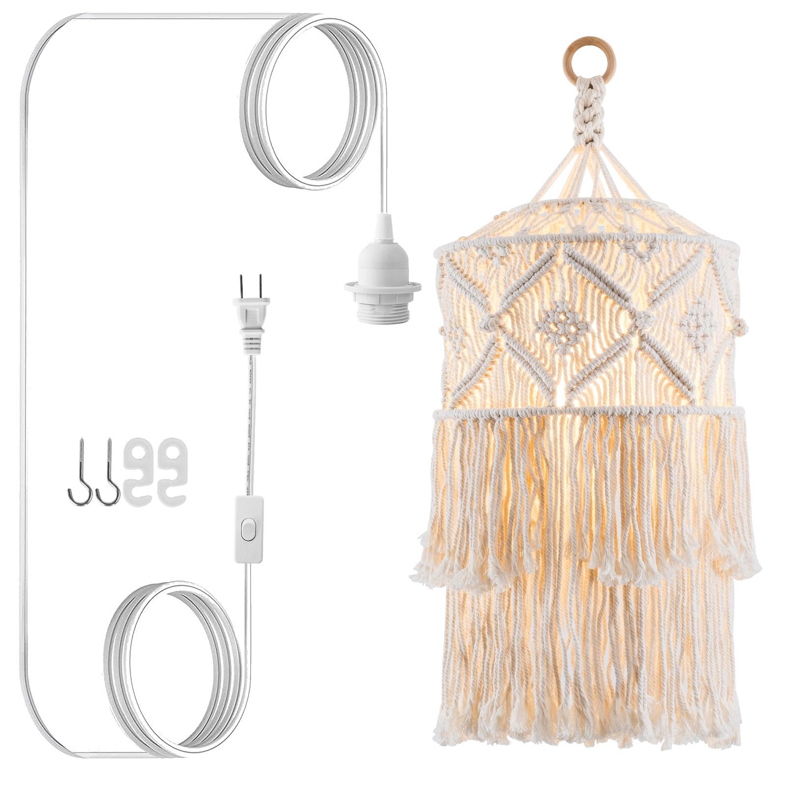 Boho Plug in Pendant Light Macrame Lamp Shade, Hanging Lamp with Plug in Cord,On/Off Switch,Bohemian Hanging Light Fixtures That Plug Into Wall Outlet for Bedroom Decor Living Room