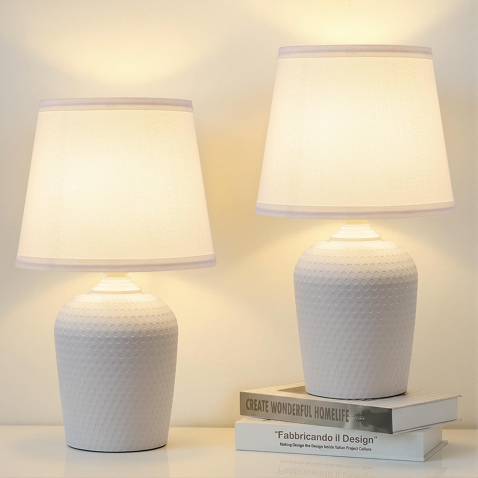 Sucolite Small 11.8" Table Lamps Set of 2, Bedside Nightstand Lamps for Bedroom Kid’s Room, Cute Desk Lamps with Studded Texture Base for Reading Nursery Living Room Office, White