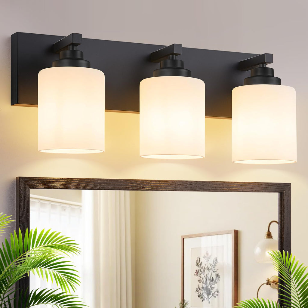 Vanity Lights for Bathroom, 3-Light Black and Gold Bathroom Vanity Light Over Mirror with Milky White Glass Shades, Modern Bathroom Light Fixtures for Living Room Hallway Cabinet (Bulbs Not Included)