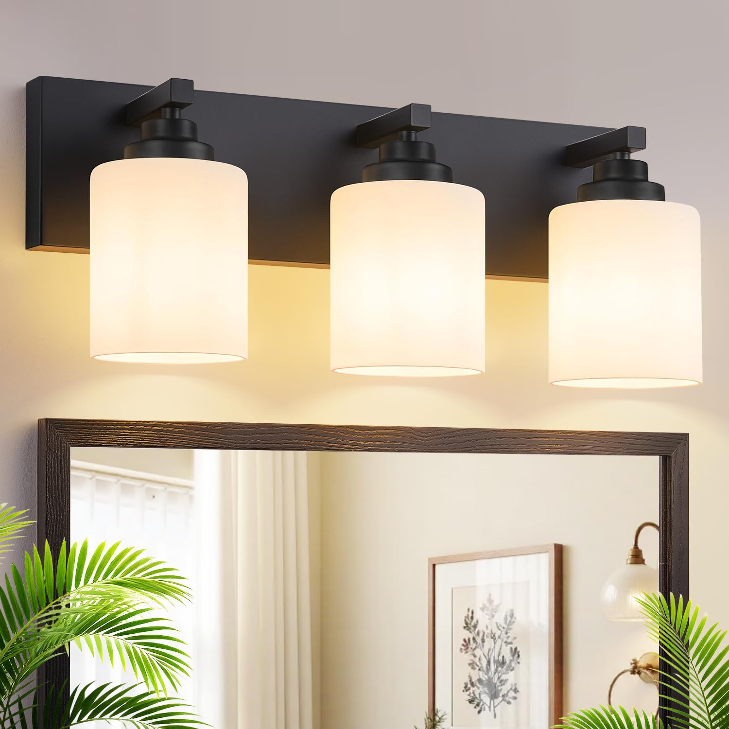 Vanity Lights for Bathroom, 3-Light Black and Gold Bathroom Vanity Light Over Mirror with Milky White Glass Shades, Modern Bathroom Light Fixtures for Living Room Hallway Cabinet (Bulbs Not Included)