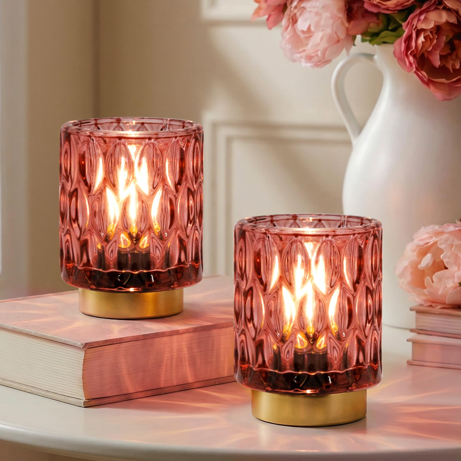 Battery Operated Table Lamps Timer, Mini Crystal Lamp for Area No Plug, Cordless Lamp with LED Bulb for Power Outage, Decorative Lamps for Tabletop/Corner/Entryway/Stairway/Bathroom/Fireplace(2*PEARL)